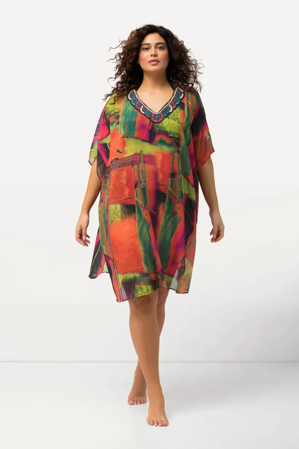 Chiffon-Tunik Oversized V-Ausschnitt Halbarm