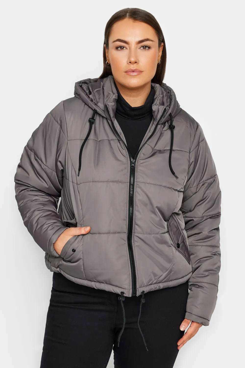 Evans Grey Hooded Cropped Puffer Jacket
