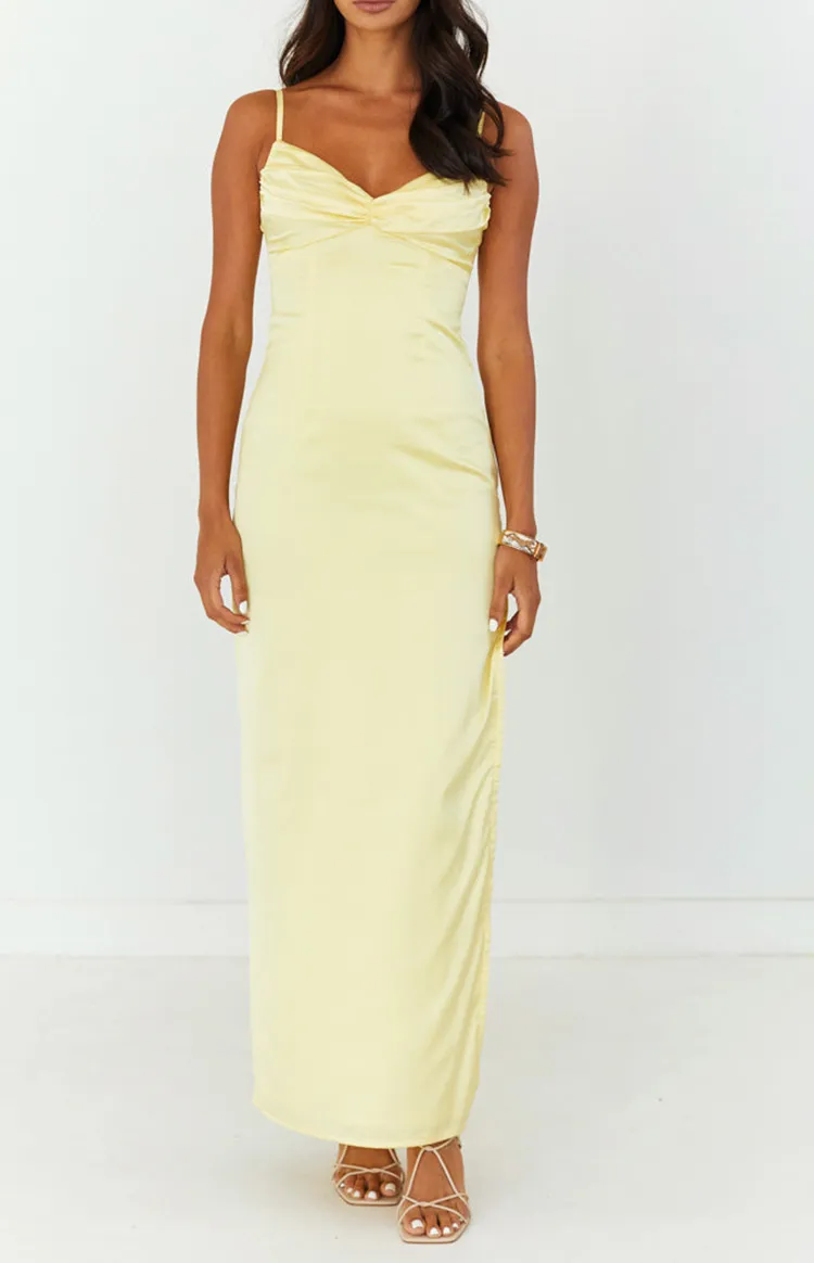 Sleeveless Yellow Satin Maxi Dress