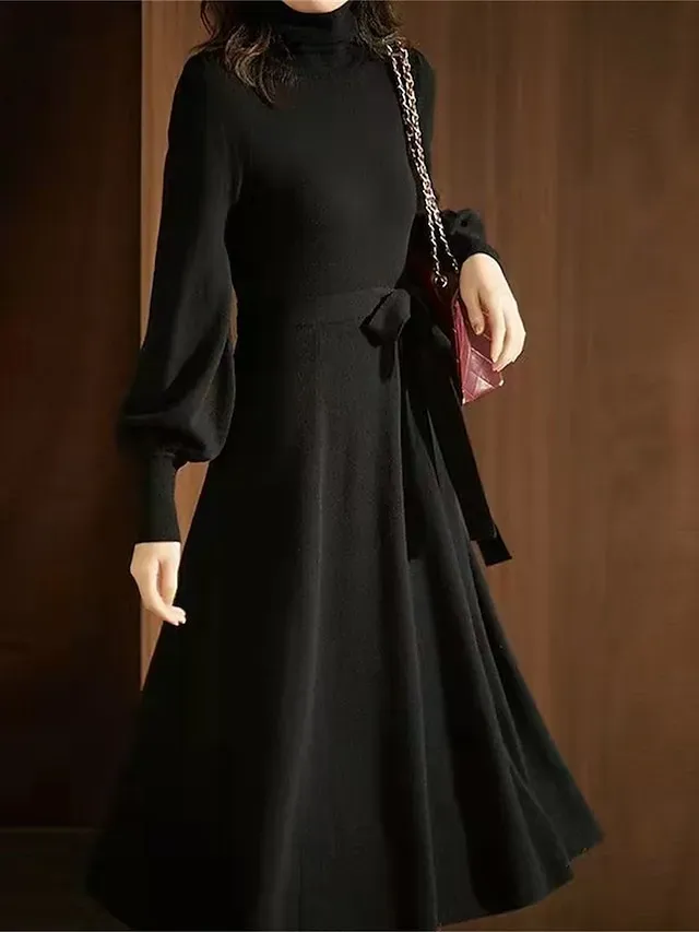 Women's Red Christmas Dress Sweater Dress Jumper Dress Midi Dress Warm Fashion Casual Plain Outdoor Christmas Daily Vacation Turtleneck Long Sleeve Lace up 2023 Regular Fit Black Wine Blue One Size