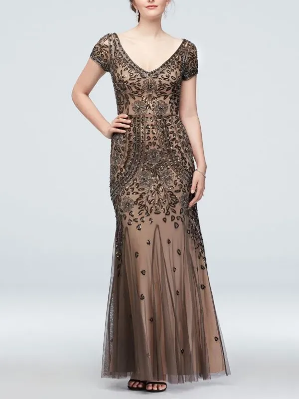 V-neck Beaded Short Sleeve Dress with Godets Mother of the Bride Dress