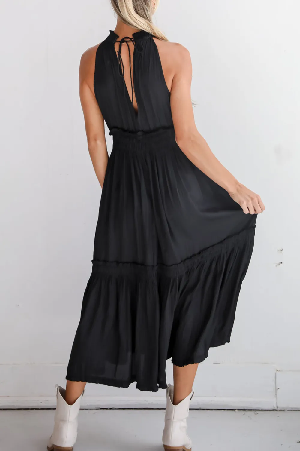 Lovely Intuition Black Satin Midi Dress