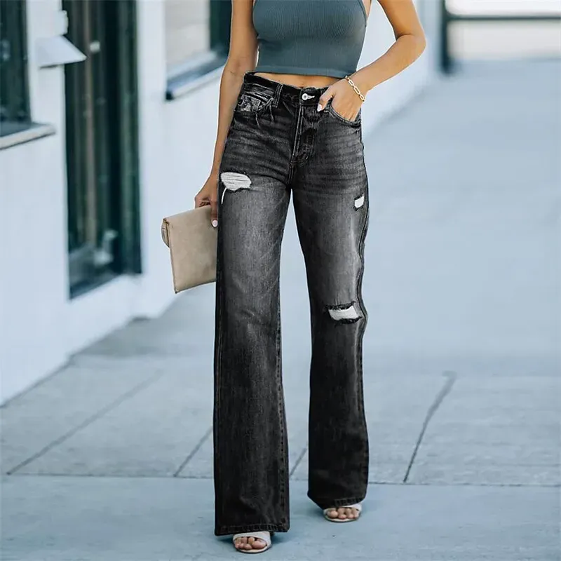 Women's Wide Leg Jeans Flare Leg Ripped Plain Jeans Classic Modern Regular Spring &  Fall Black Blue
