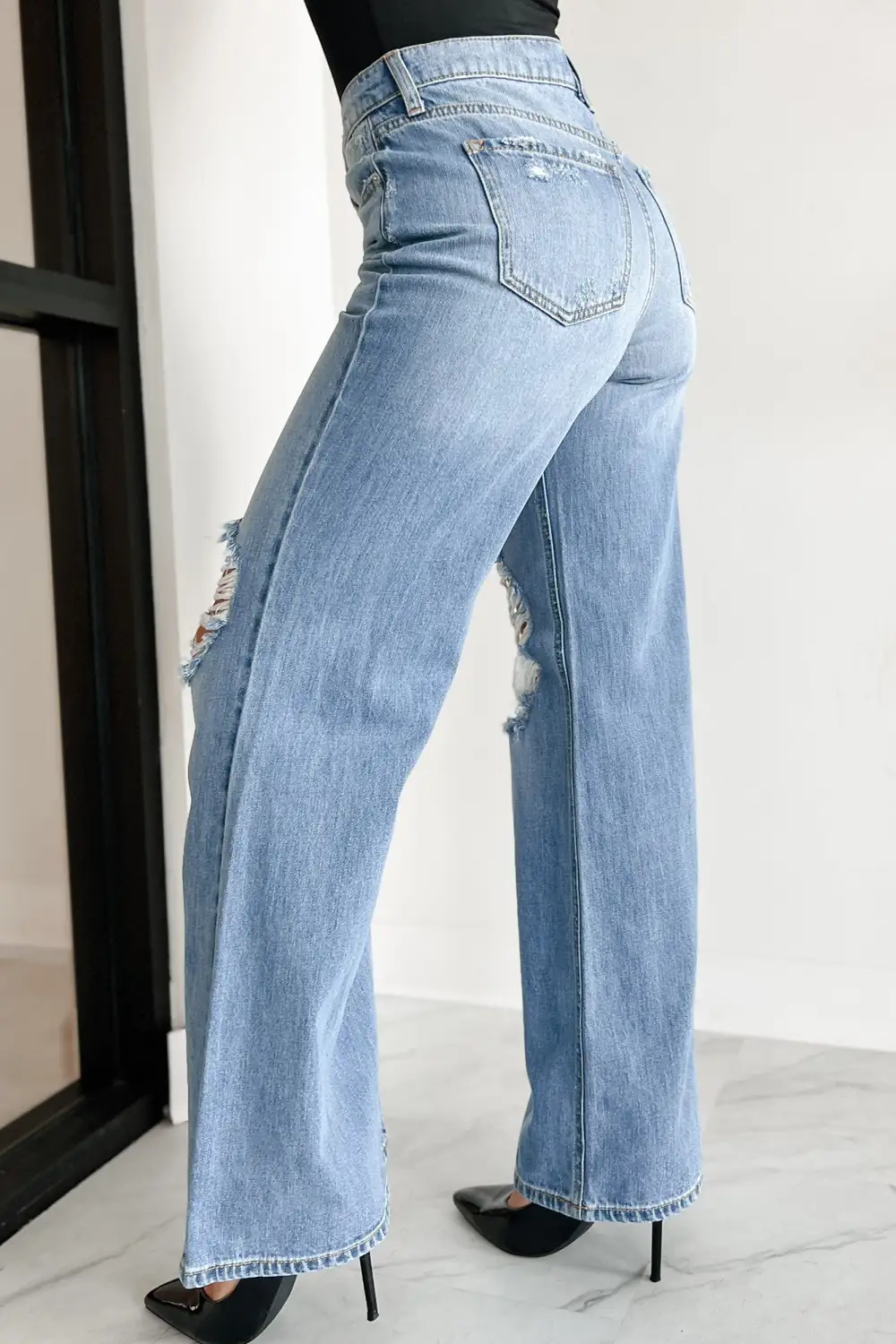 High-Waisted Ripped Wide-Leg Loose Jeans