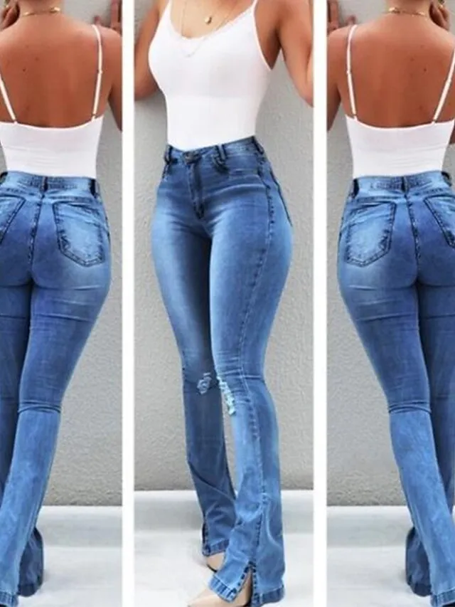 Women's Jeans Bootcut Flared Pants Full Length Denim Split Cut Out Micro-elastic Mid Waist Fashion Casual Weekend Light Blue Black S M