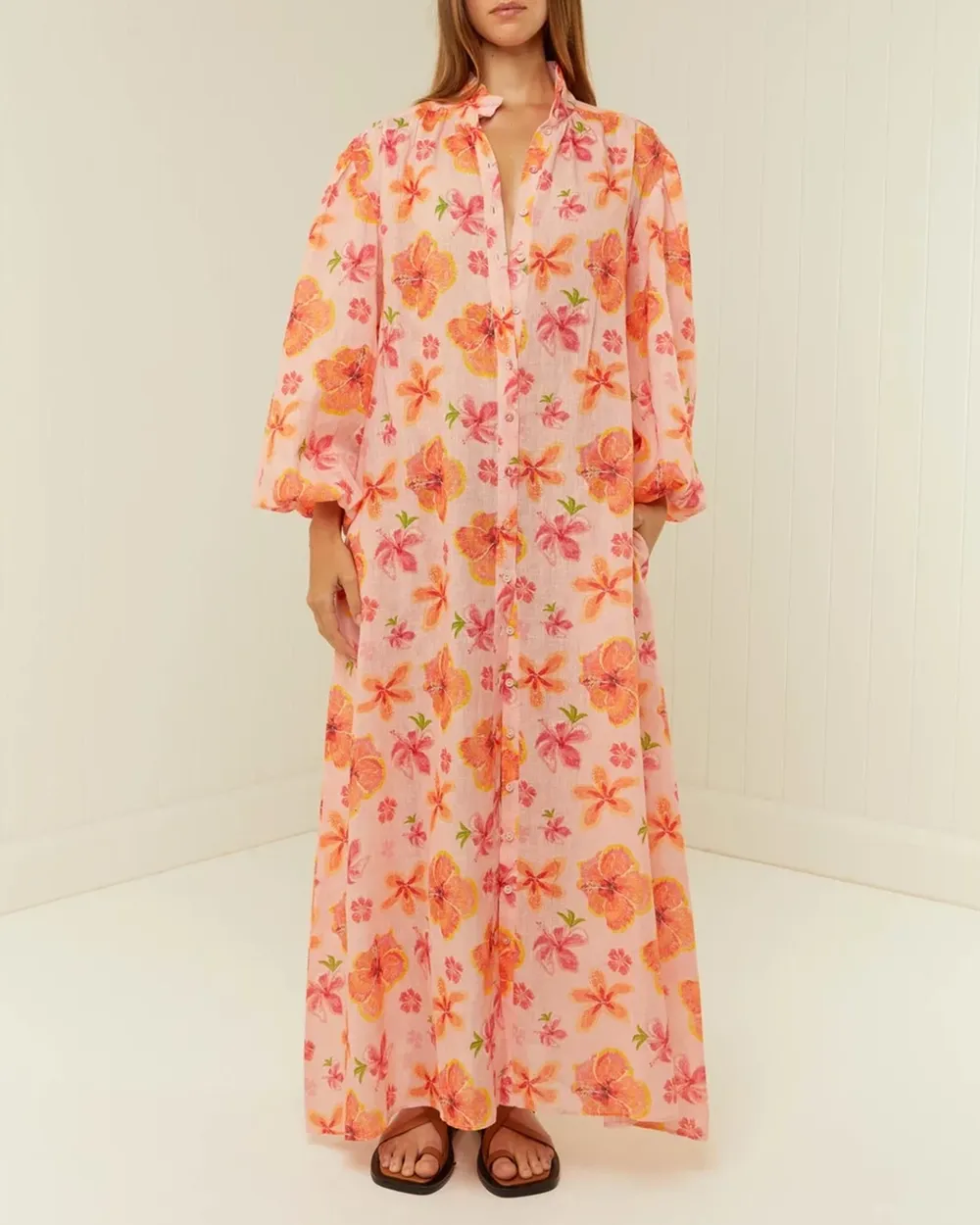 Linen Stand-Up Collar Dress