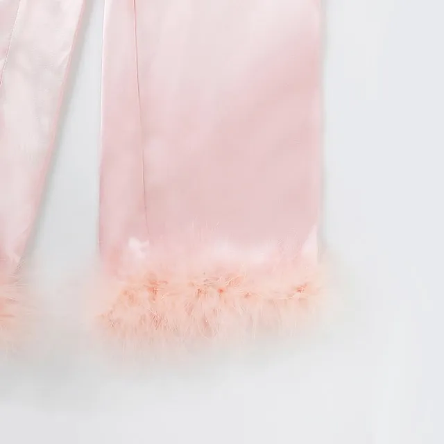 Women's Gift Loungewear Pajamas Sets Home Party Valentine's Day Feather Pure Color Silk Simple Soft Shirt Pant Fall Spring Summer Lapel Long Sleeve Long Pant Buckle Pocket