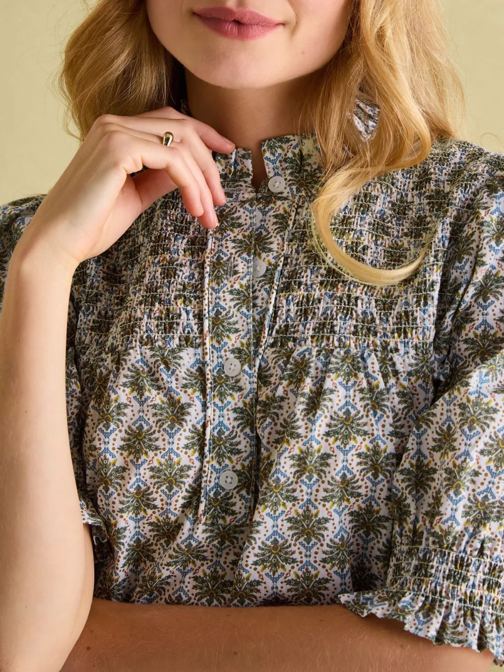 Blue Frill Neck Smocked Blouse