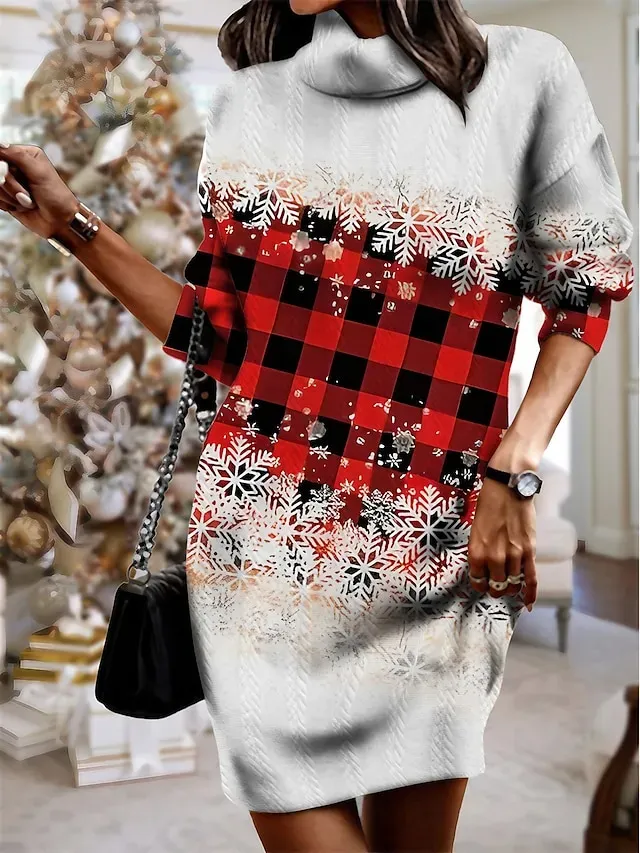 Women's Red Christmas Dress Sweater Dress Jumper Dress Mini Dress Knitwear Warm Fashion Plaid Snowflake Outdoor Christmas Casual Daily Turtleneck Long Sleeve 2023 Loose Fit Red Blue Green S M L XL