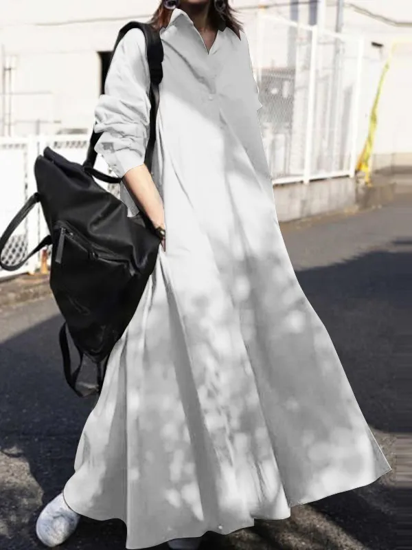 Urban Solid Color Loose Long Sleeve Shirt Dress