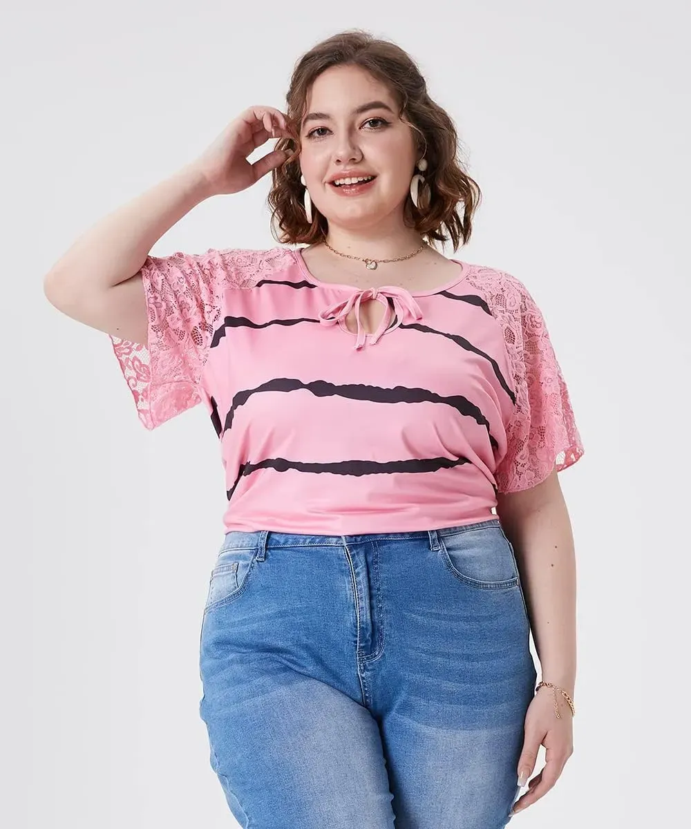 TIYOMI Plus Size T Shirt for Women Short Sleeve Tunic Cross Line Shirts Round Neck Tops Summer Blouse XL-5XL 14-28