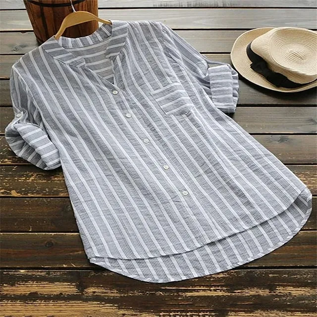 Blouse Women's Light Blue Black khaki Stripes Button Front Office S