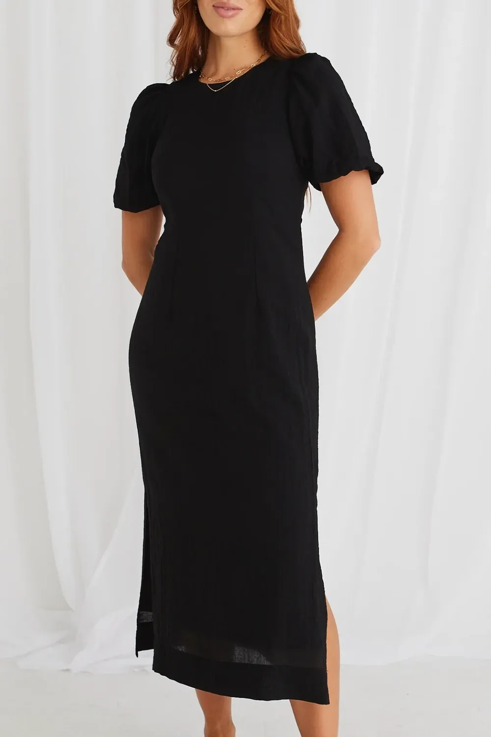 Puff Sleeve Tie Midi Dress