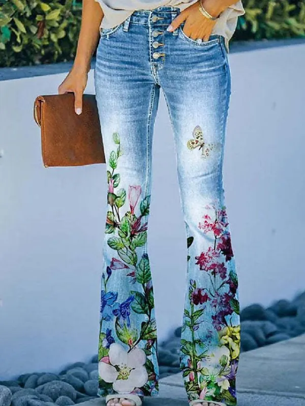 Women's Bootcut Flared Pants Bell Bottom Grey Fashion Casual Daily Full Length Flower / Floral XXL