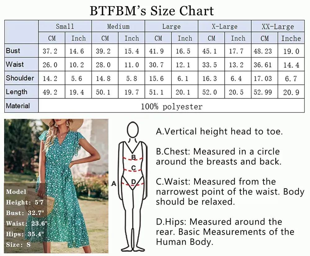 Women Summer Bohemian Floral Casual Wrap V Neck Ruffle Cap Sleeveless Belt A-Line Pleated Hem Swing Midi Sun Dress