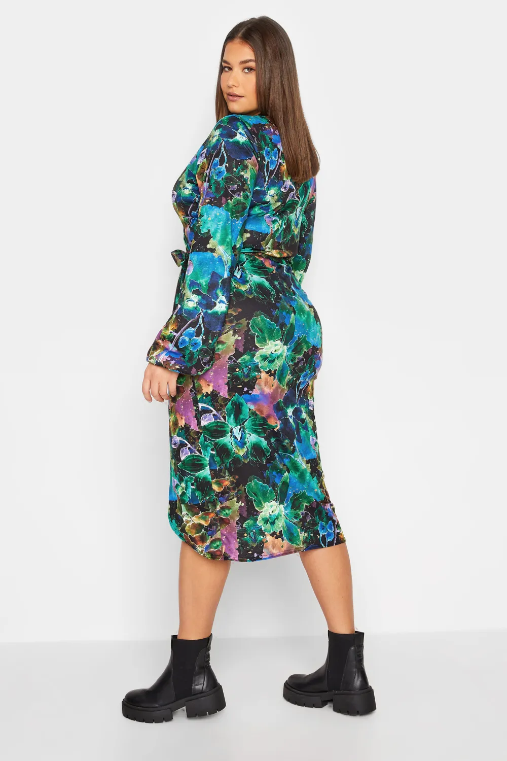 LTS Tall Black & Blue Floral Midi Wrap Dress