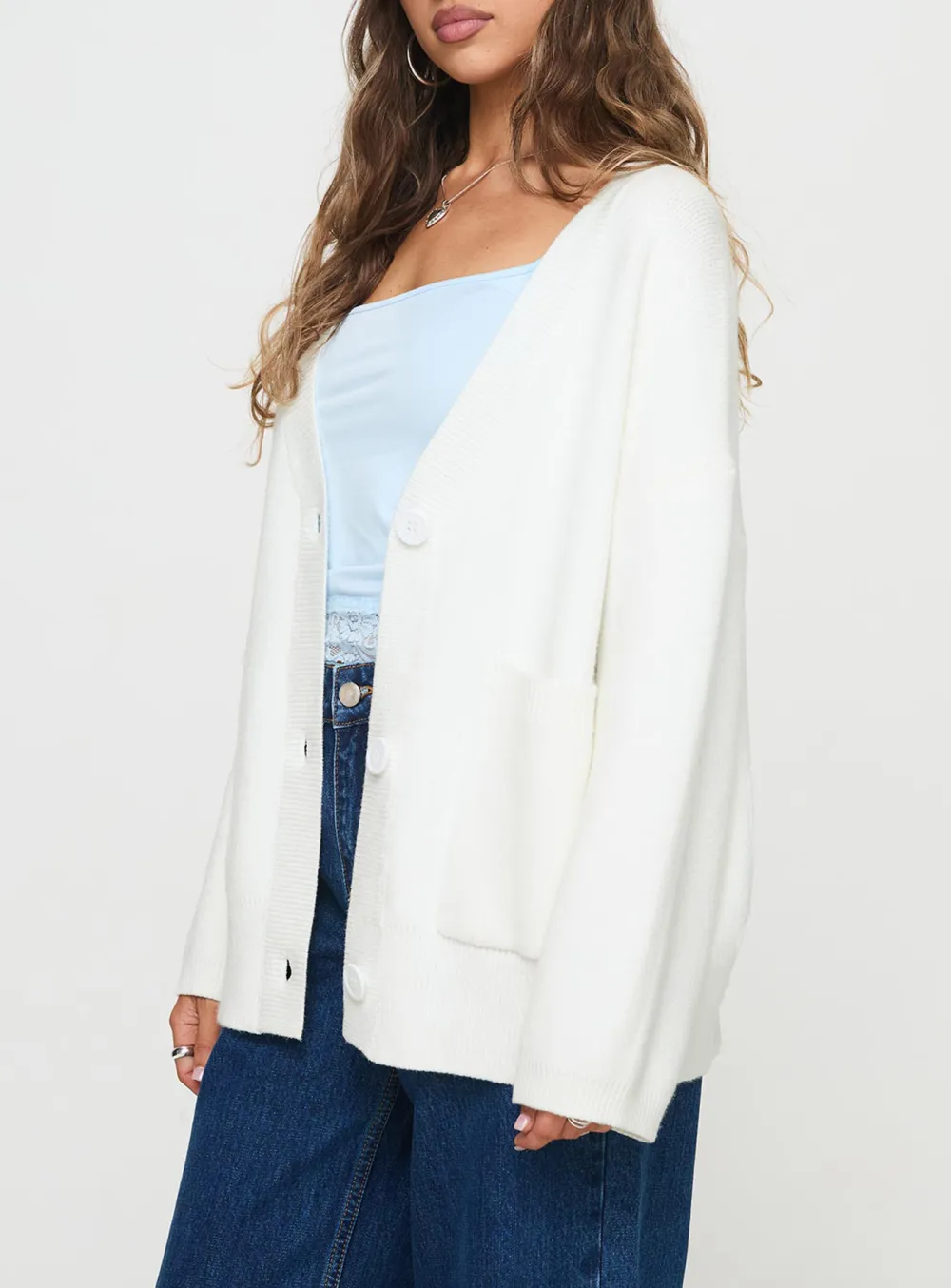 Deep Neck Cardigan White