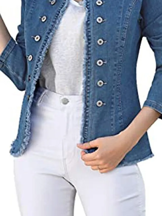 Women's Denim Jacket Outdoor clothing Button Plain Comfortable Streetwear Regular Fit Outerwear Long Sleeve Spring Blue S
