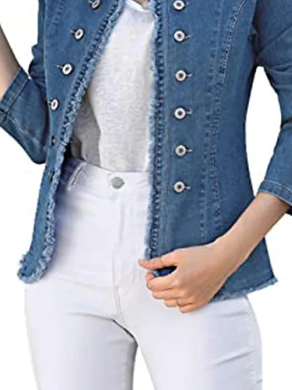 Women's Denim Jacket Outdoor clothing Button Plain Comfortable Streetwear Regular Fit Outerwear Long Sleeve Spring Blue S