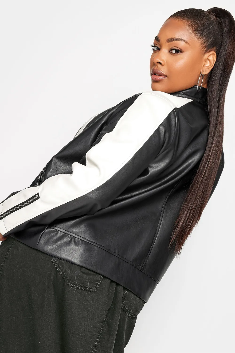 YOURS Curve Black Faux Leather Contrast Stripe Biker Jacket