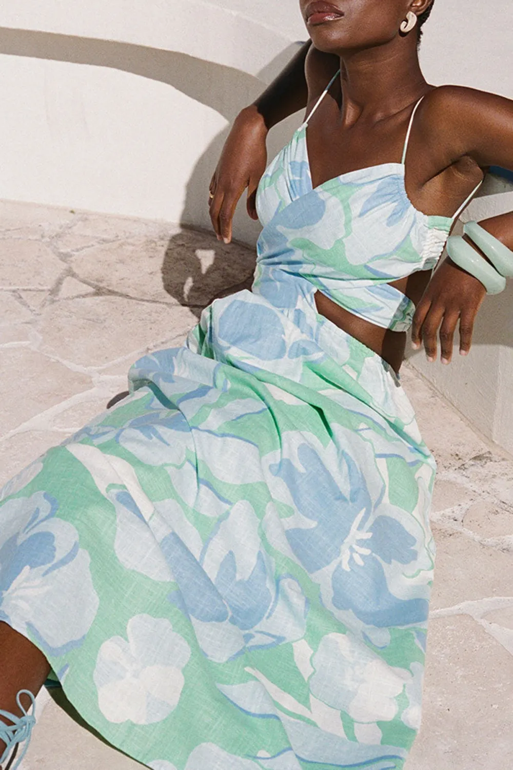 Floral Print Spaghetti Strap Cut Out Midi Dress