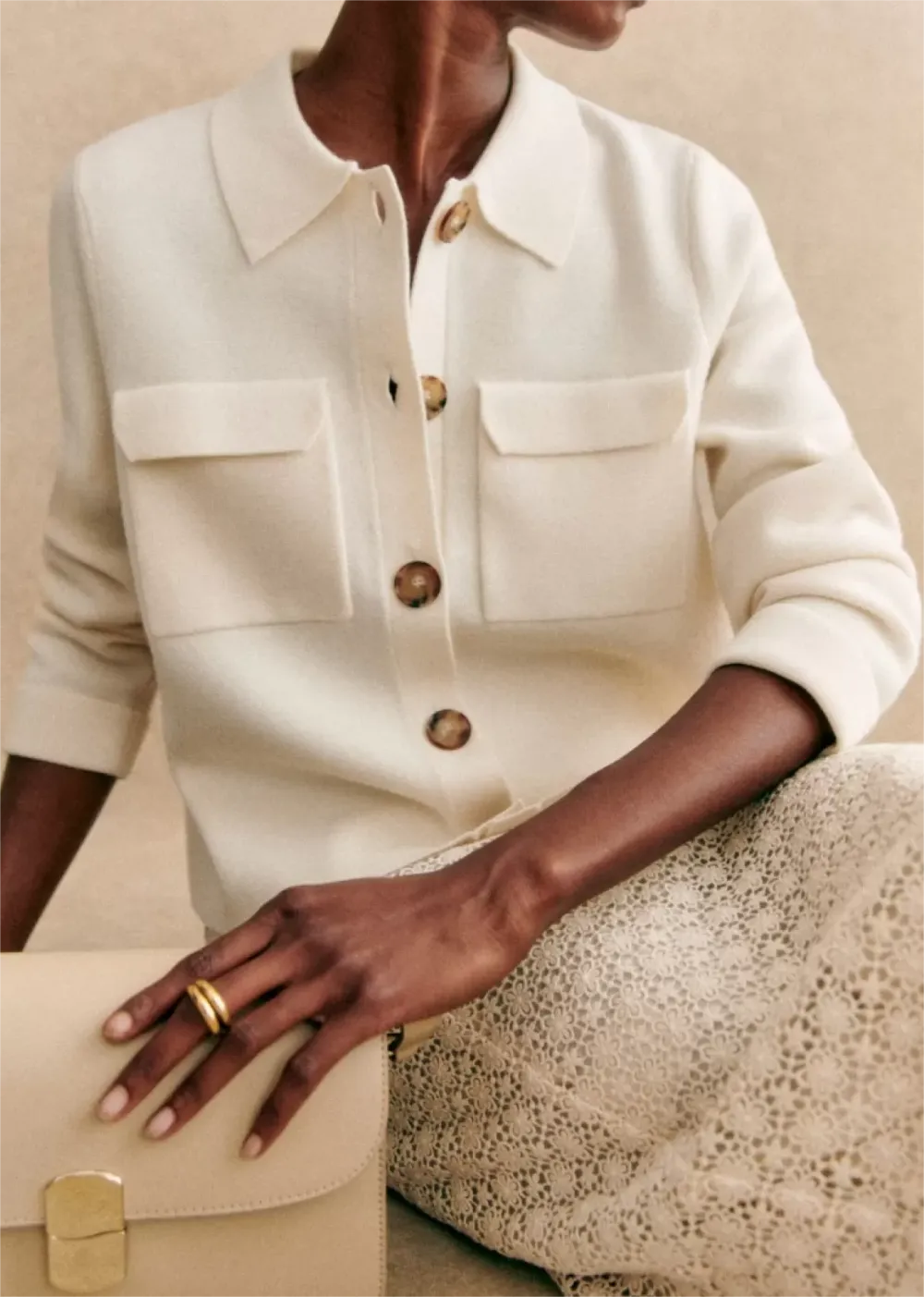 Cream Button Pocket Knit Jacket