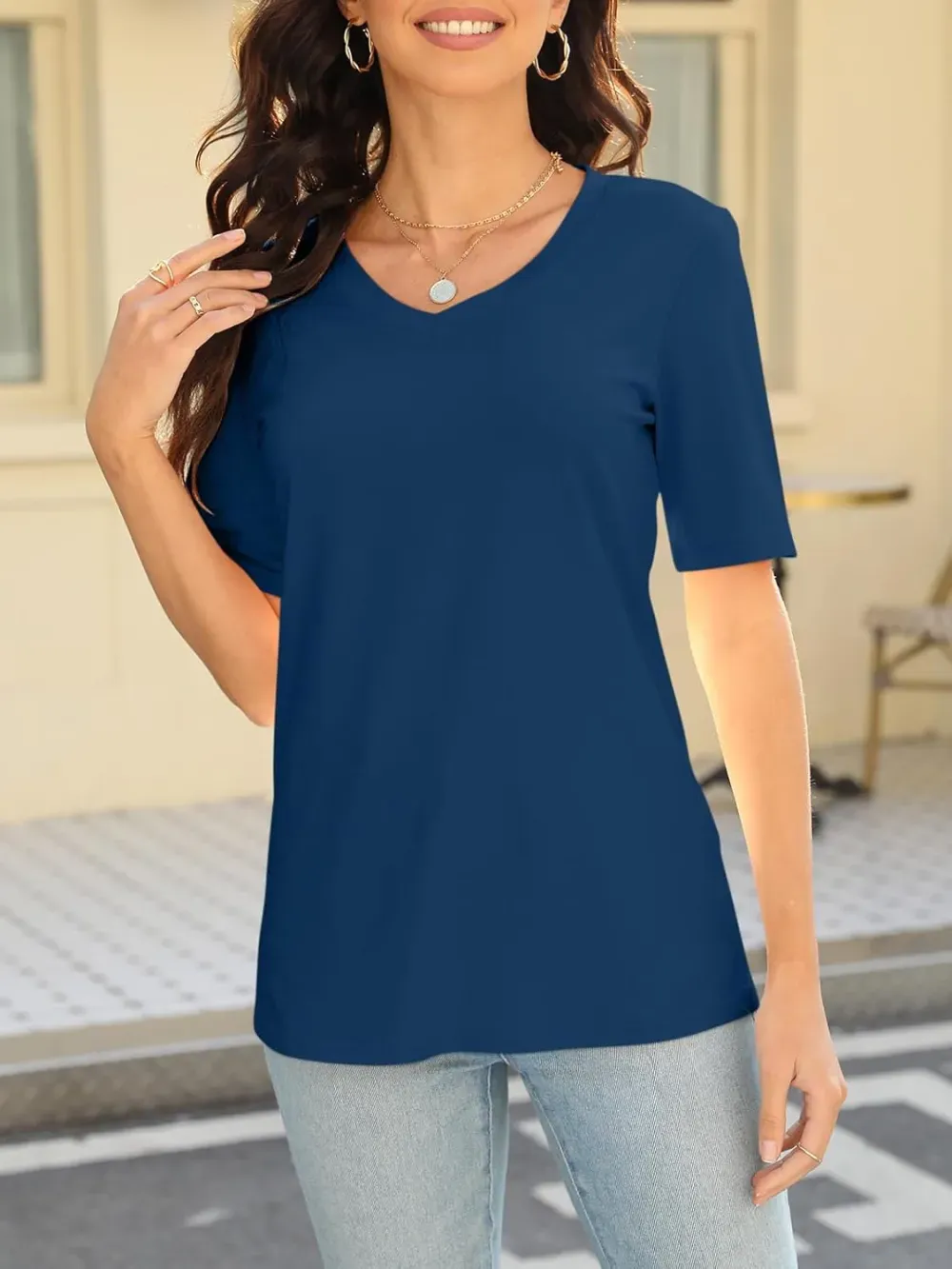 ORANDESIGNE Women's Color Block Short Sleeve T Shirts Casual V Neck Summer Tops Tees Loose Fit Blouses