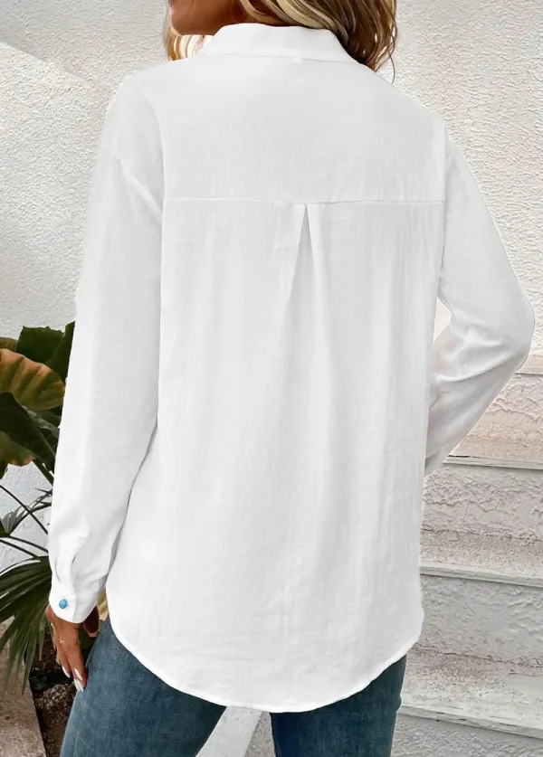 White Button Floral Print Long Sleeve Stand Collar Blouse