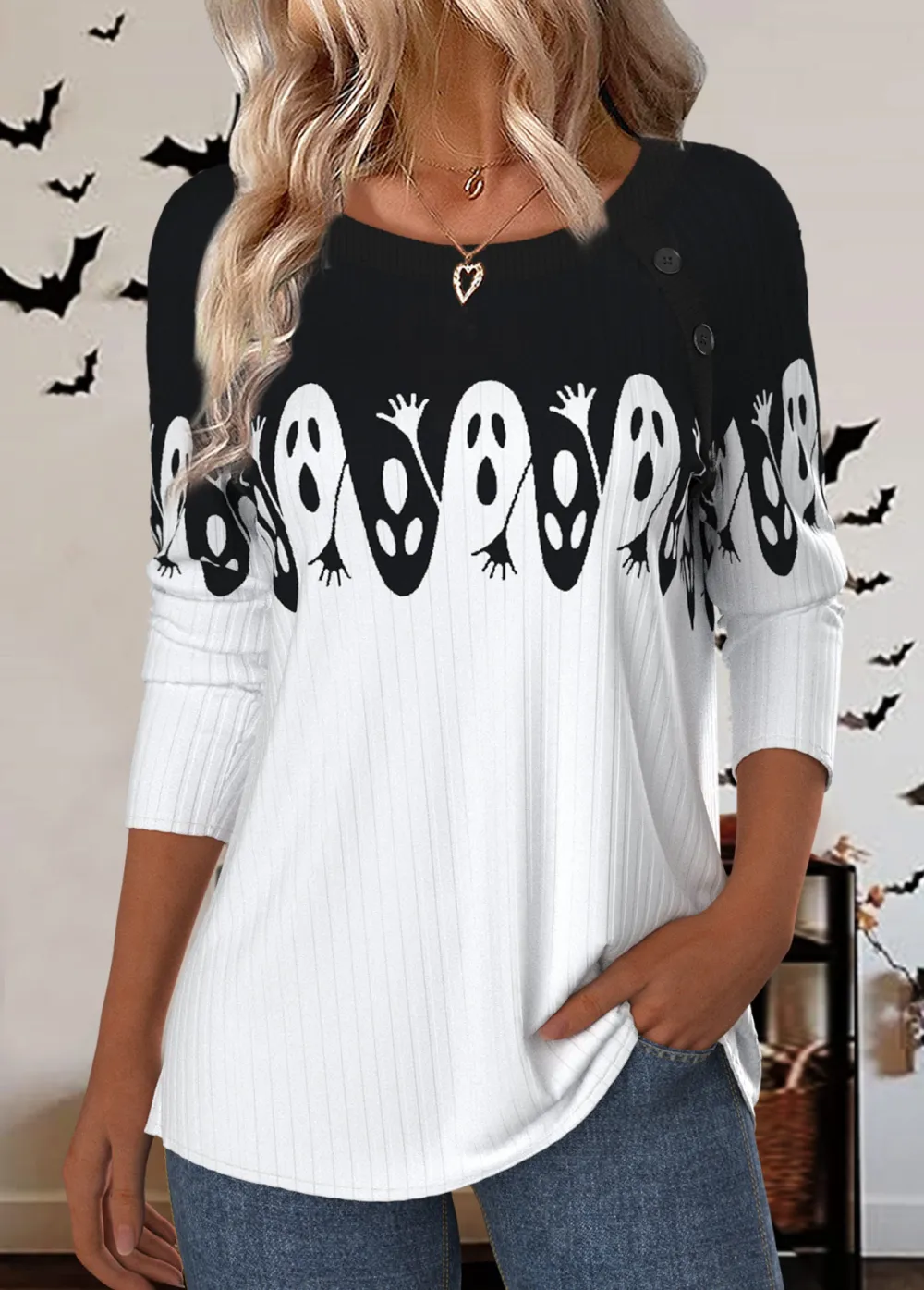 Halloween Black Button Long Sleeve Round Neck T Shirt
