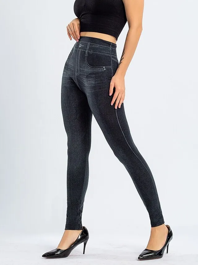 Women's Leggings Faux Denim Ankle-Length Stretchy High Waist Fashion Casual Weekend Black Blue S M