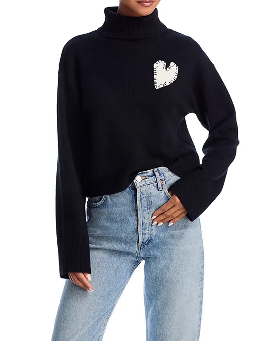 Cropped Turtleneck Heart Patch Sweater