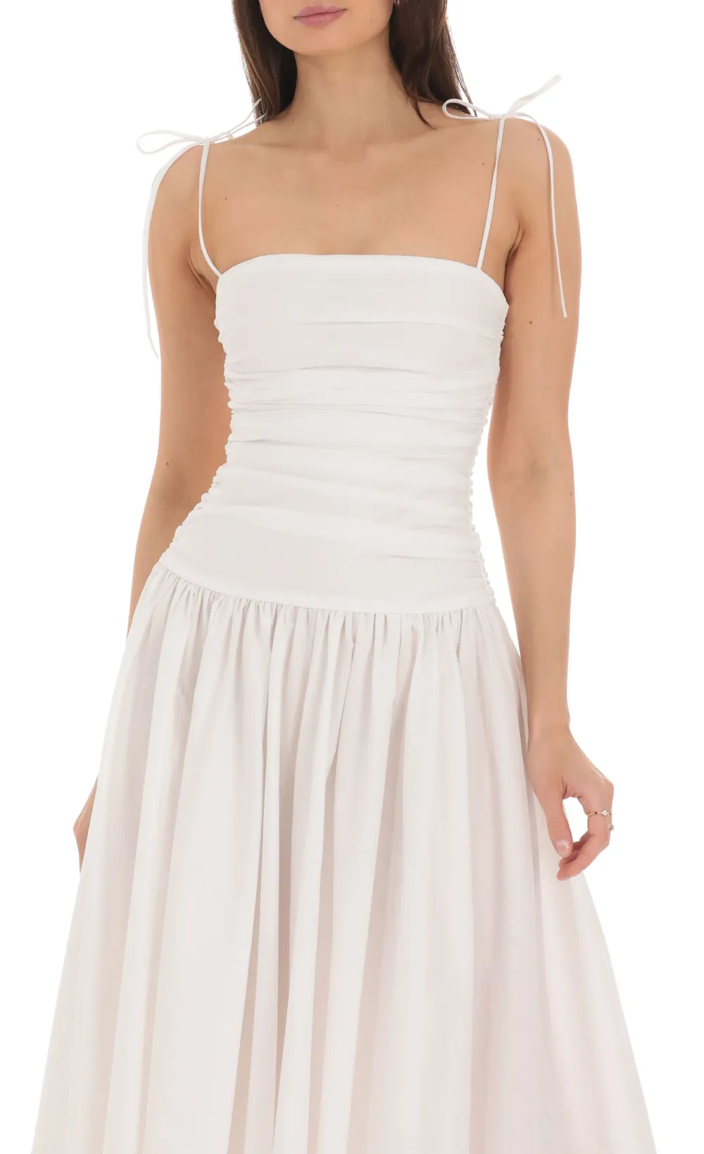 Ruched Square Neck Midi Dress in White