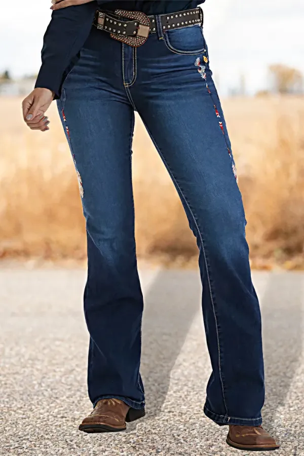 Feather Embroidery Mid Rise Bootcut Jeans