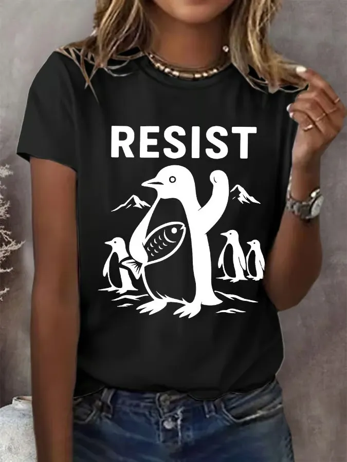 Women'S T-Shirt Women'S Penguins Resist Print Round Neck T-Shirt