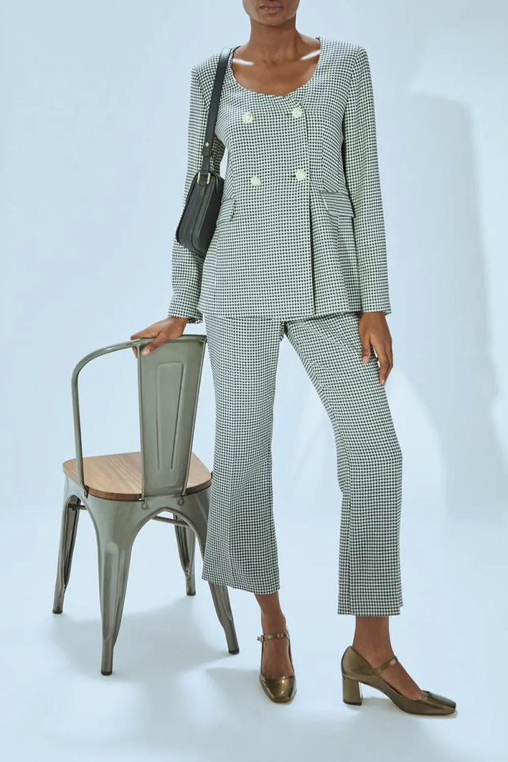 Black Cream Checkered Bow Detail Short Coat