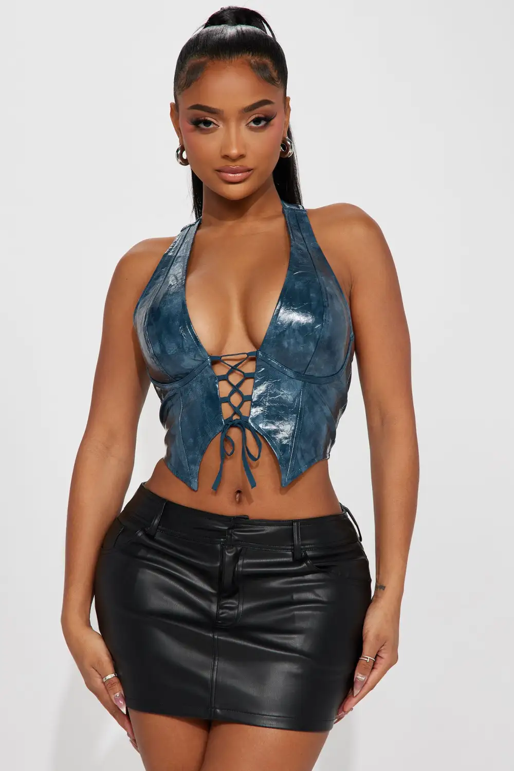 Azarilah Washed Faux Leather Top - Navy