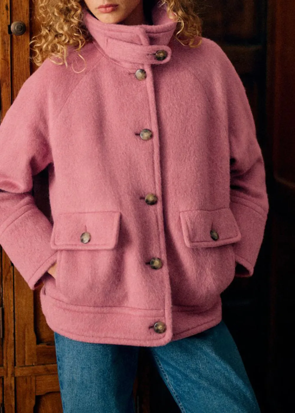 High Collar Short Button Front Coat