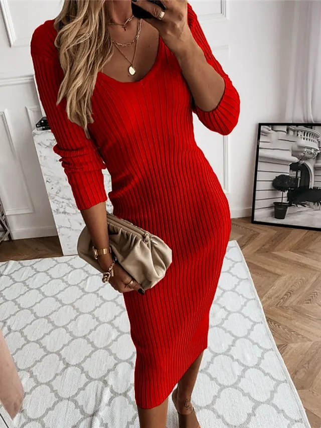 Women‘s Sweater Dress Winter Dress Sheath Dress Midi Dress Black Red Blue Long Sleeve Pure Color Ruched Spring Fall Winter V Neck Fashion Vacation Fall Dress 2023 S M L XL XXL 3XL 4XL 5XL