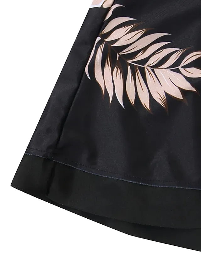 Women's Swimwear Tankini 2 Piece Plus Size Swimsuit Open Back Printing for Big Busts Trees / Leaves Black Halter V Wire Bathing Suits New Vacation Fashion / Modern / Padded Bras