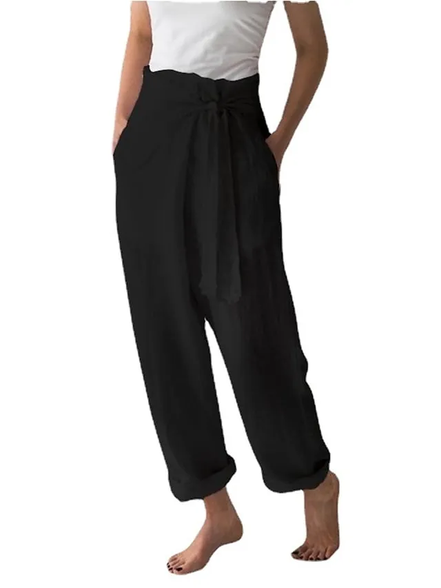 Women's Loungewear Pants Regular Fit Solid Color Fashion Simple Casual Street Linen Breathable Straight Leg Trousers with Pockets Elastic Waistband Self Tie Knot Summer Spring Black White