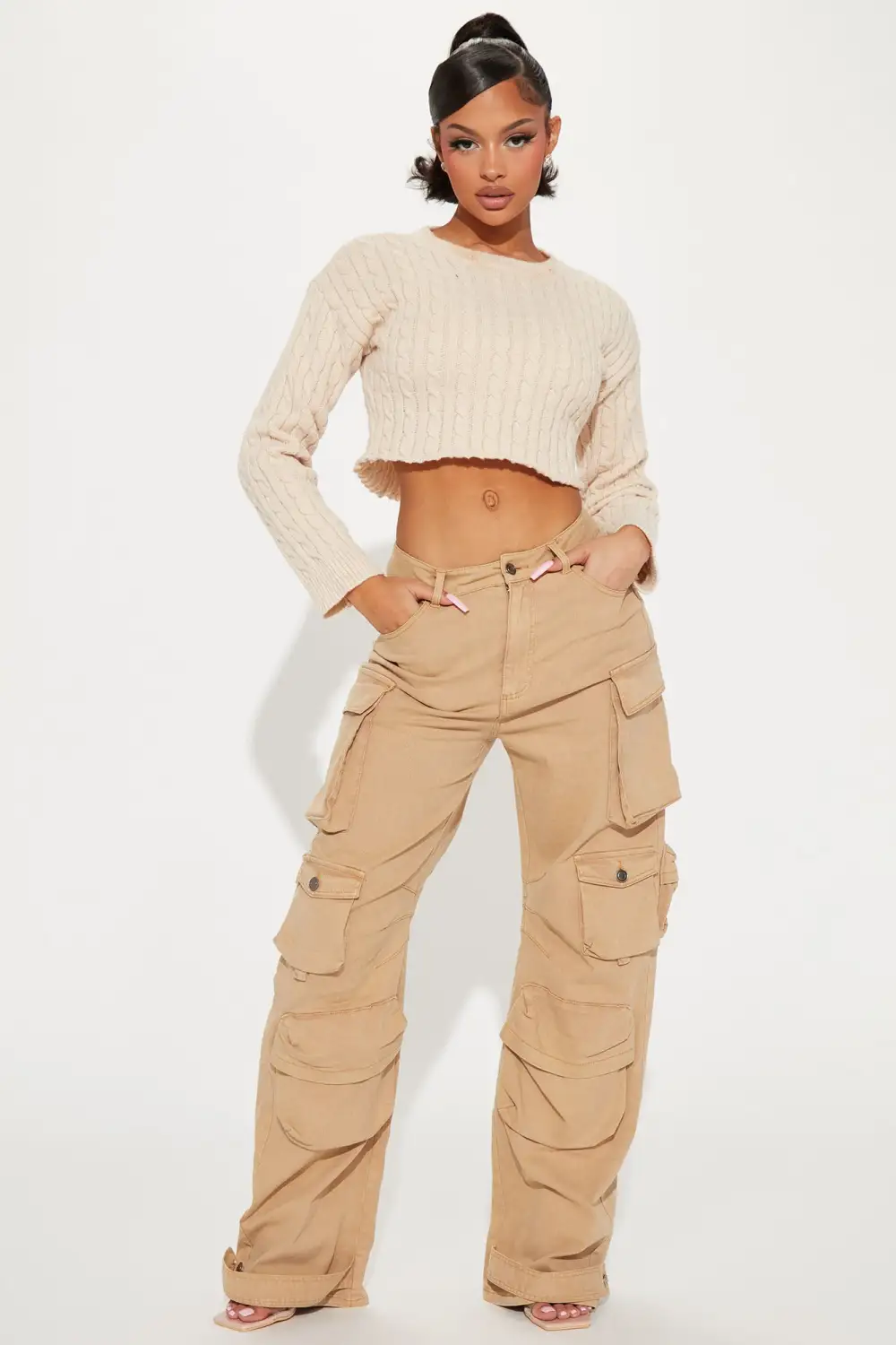Caught Up Cropped Cable Knit Sweater - Oatmeal