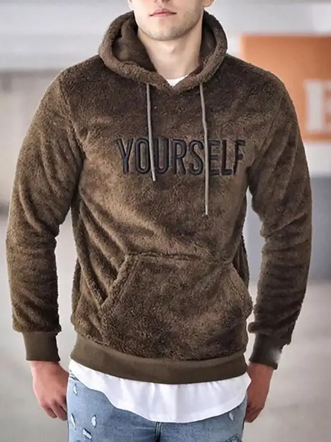 Men's Casual Pocket Letter Embroidered Fleece Pullover Hoodie