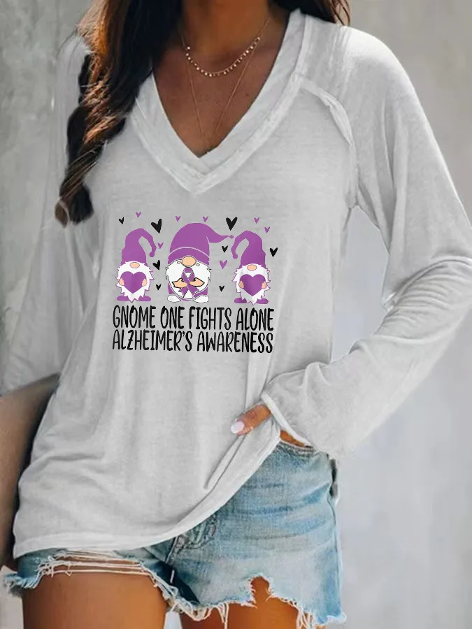 Women'S Gnome One Fights Alone Alzheimer'S Awareness V-Neck T-Shirt