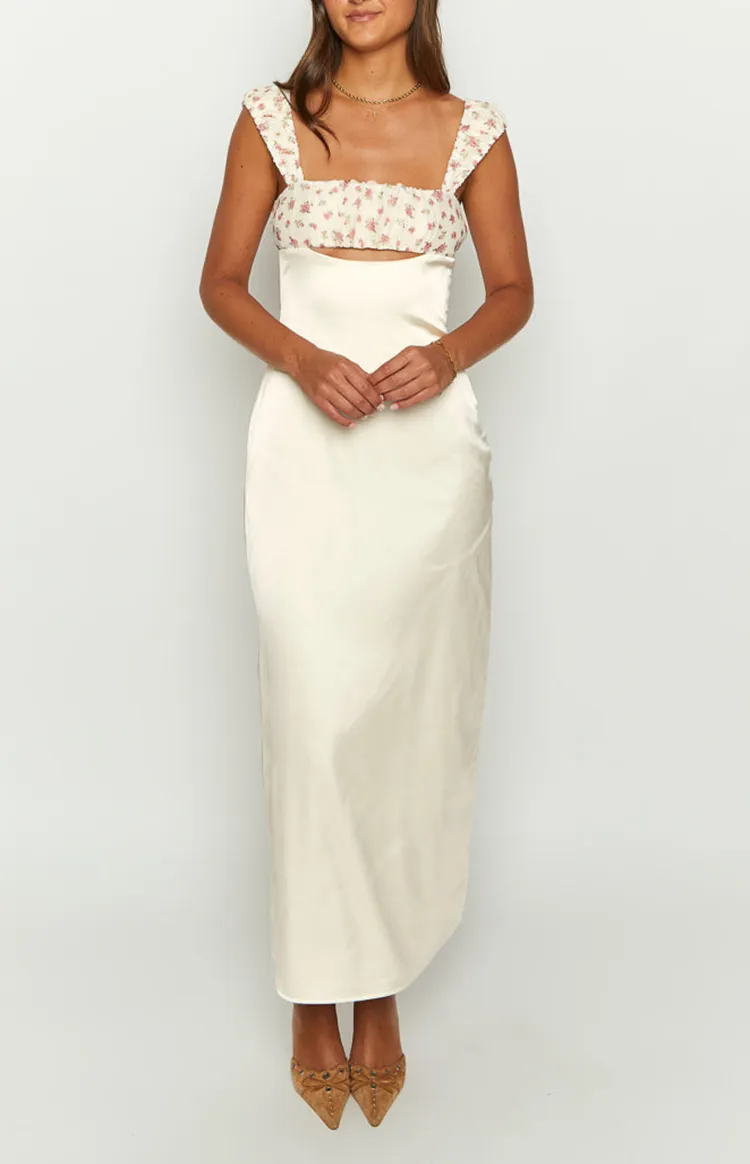 Cream Satin Square Neck Maxi Dress