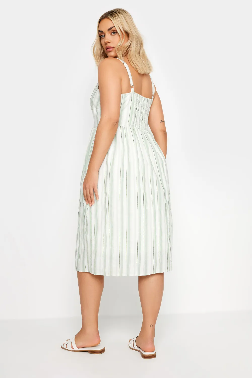 YOURS Curve White & Sage Green Stripe Sundress