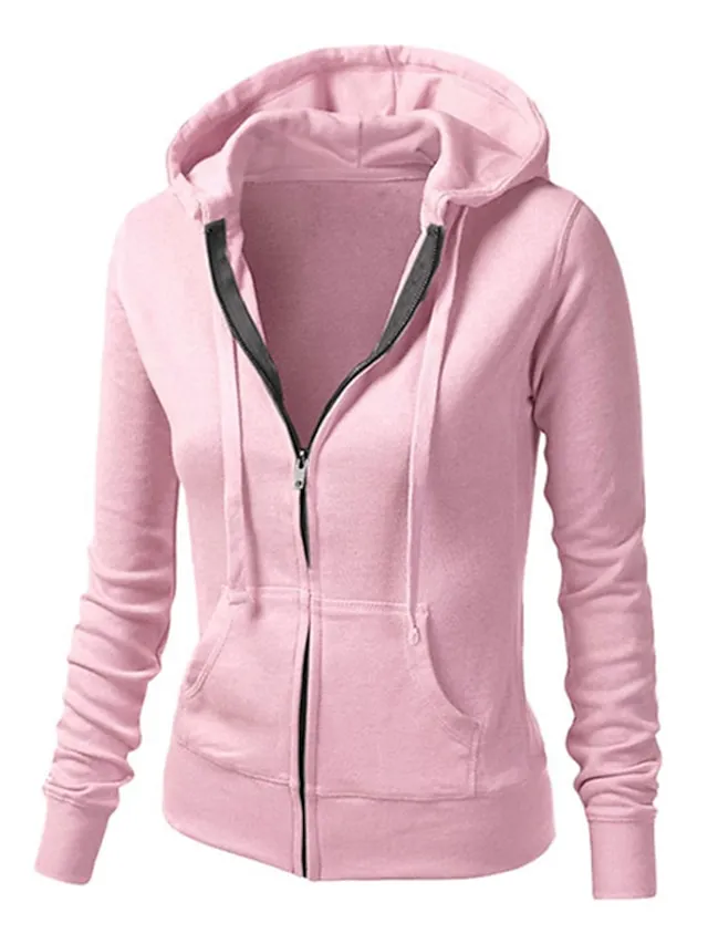 Women's Casual Jacket Hoodie Jacket Warm Pocket Zipper Hoodie Casual Solid Color Regular Fit Outerwear Long Sleeve Fall Spring Black Blue Pink Daily Going out M L XL