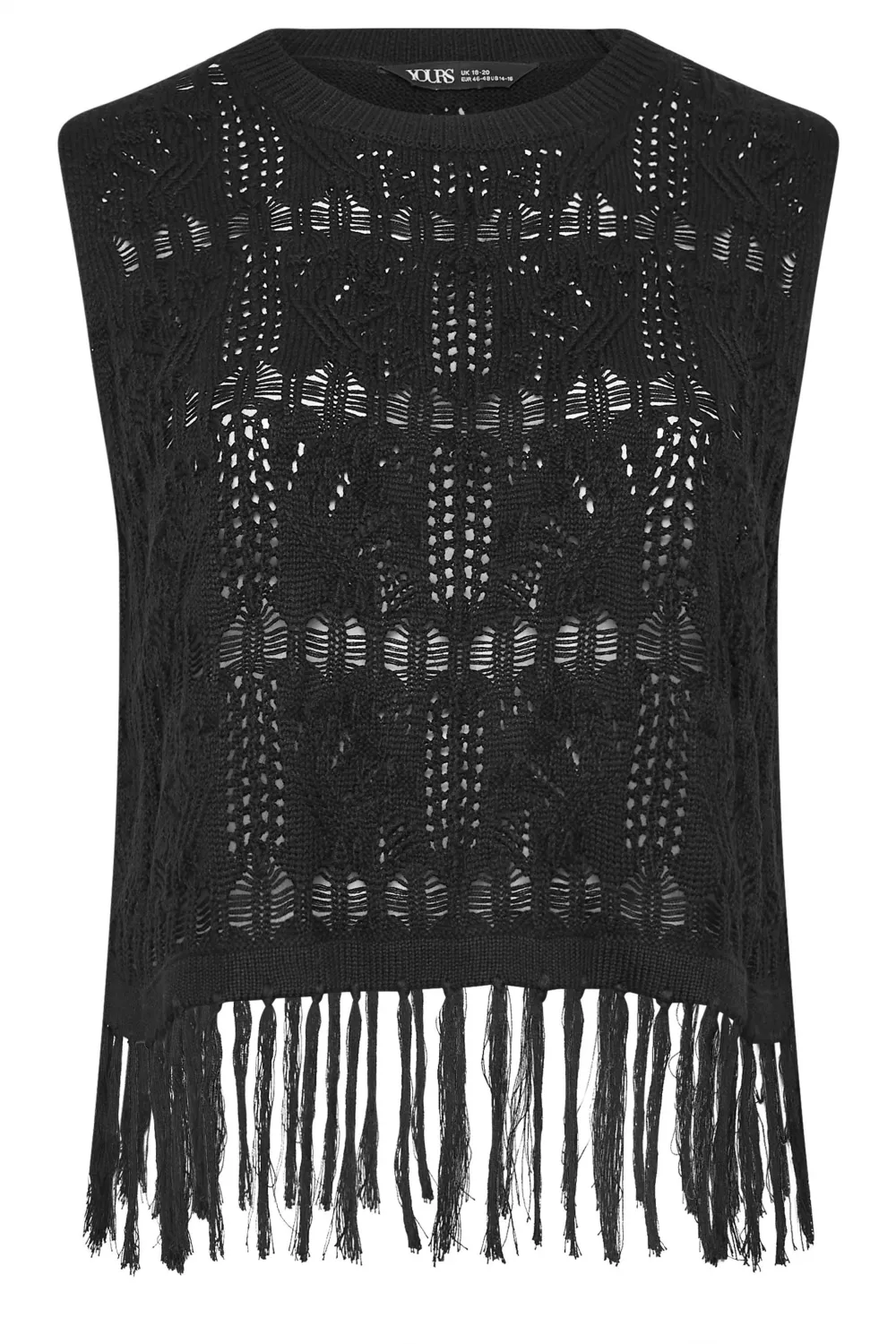 YOURS Curve Black Crochet Fringe Vest Top