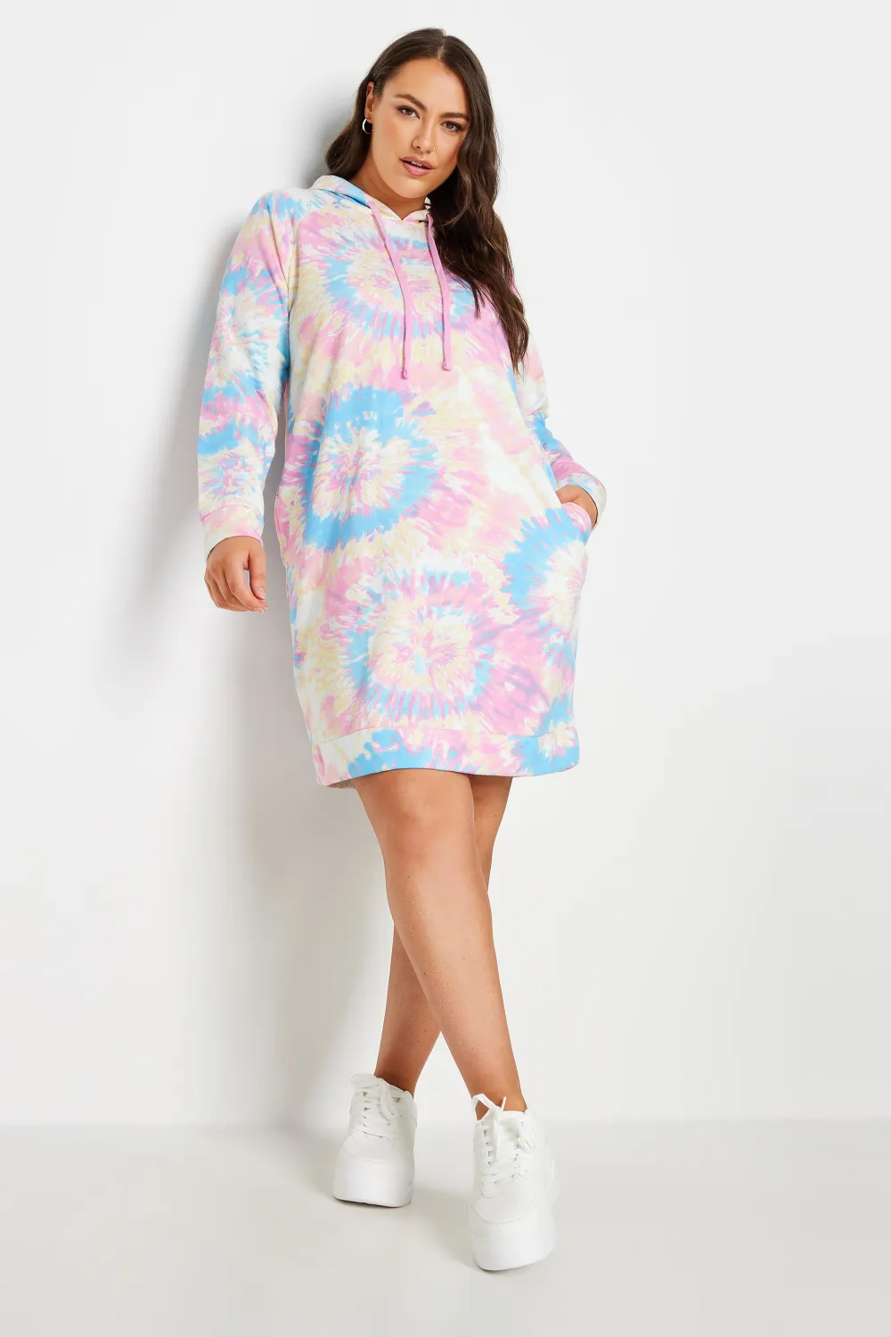 YOURS Curve Pink & Green Tie Dye Hoodie Dress