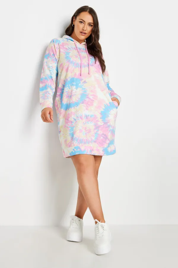 YOURS Curve Pink & Green Tie Dye Hoodie Dress