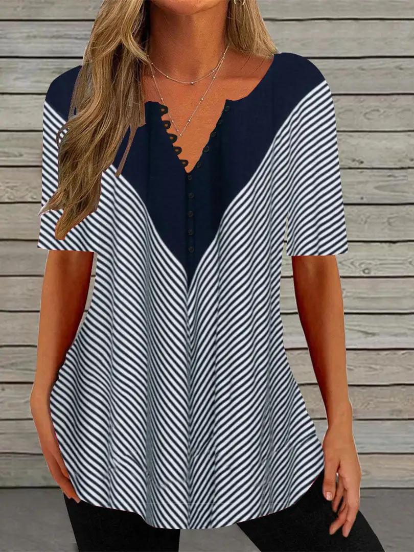 Women's Half Sleeve V-neck Striped Tops